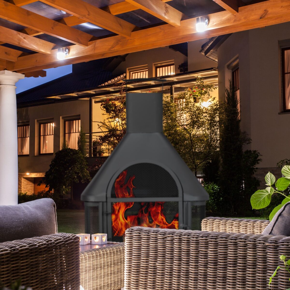 Semineu exterior cu gratar, cos de fum, din otel, 2 in 1 – incalzitor exterior si gratar pe lemne, negru, Relaxdays - imagine 2