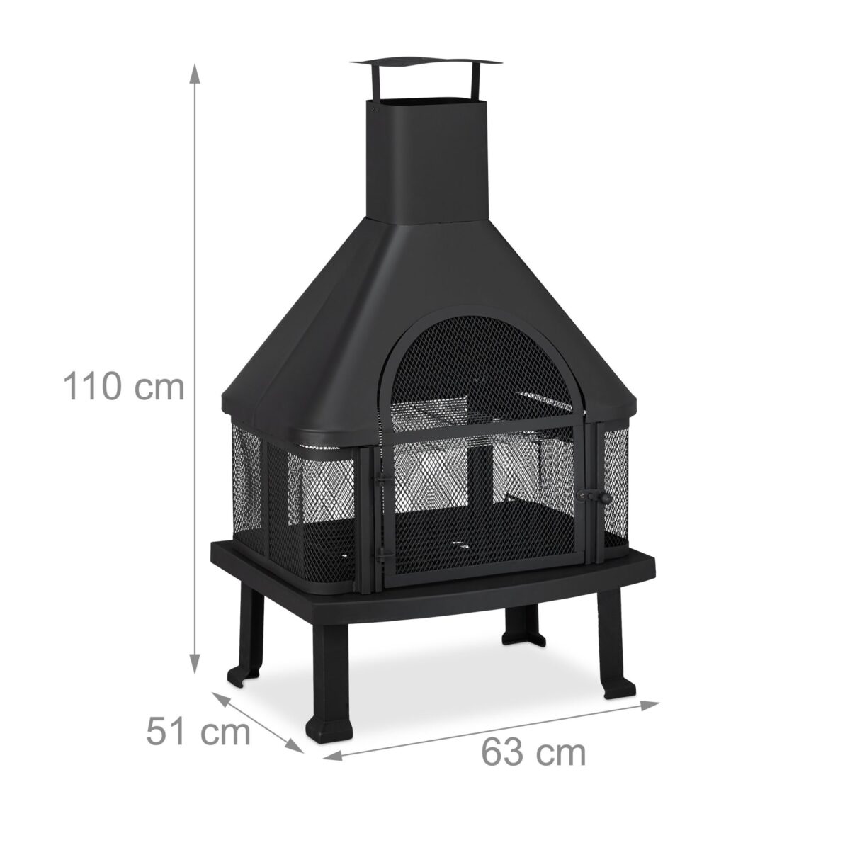 Semineu exterior cu gratar, cos de fum, din otel, 2 in 1 – incalzitor exterior si gratar pe lemne, negru, Relaxdays - imagine 4