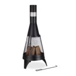 Semineu exterior modern cu usa si gratar, otel, negru, 120 x 47 cm, Relaxdays