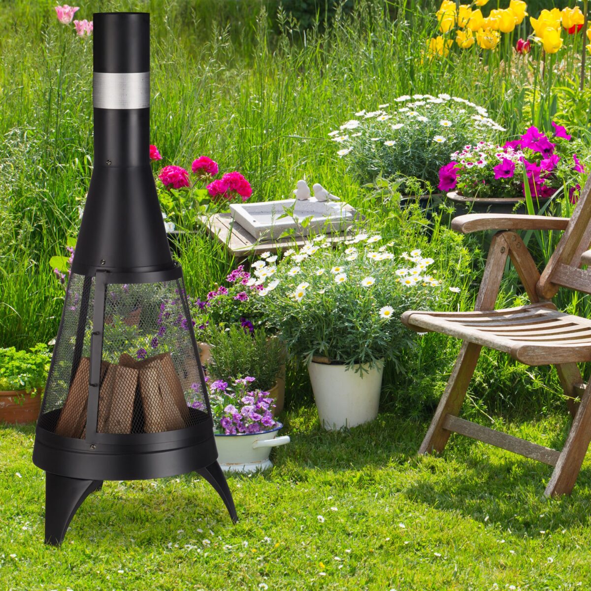 Semineu exterior modern cu usa si gratar, otel, negru, 120 x 47 cm, Relaxdays - imagine 2