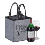 Geanta din fetru pentru sticle de vin "Wine O'Clock", transport sticle, sustine 10 kg, Relaxdays