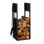 Suport pentru lemne cu ustensile de semineu sau soba, 76,5 x 36 x 30 cm, otel, negru, Relaxdays