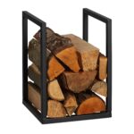 Suport lemne pentru semineu, decorativ si functional, negru, otel, 40 x 30 x 30 cm, Relaxdays