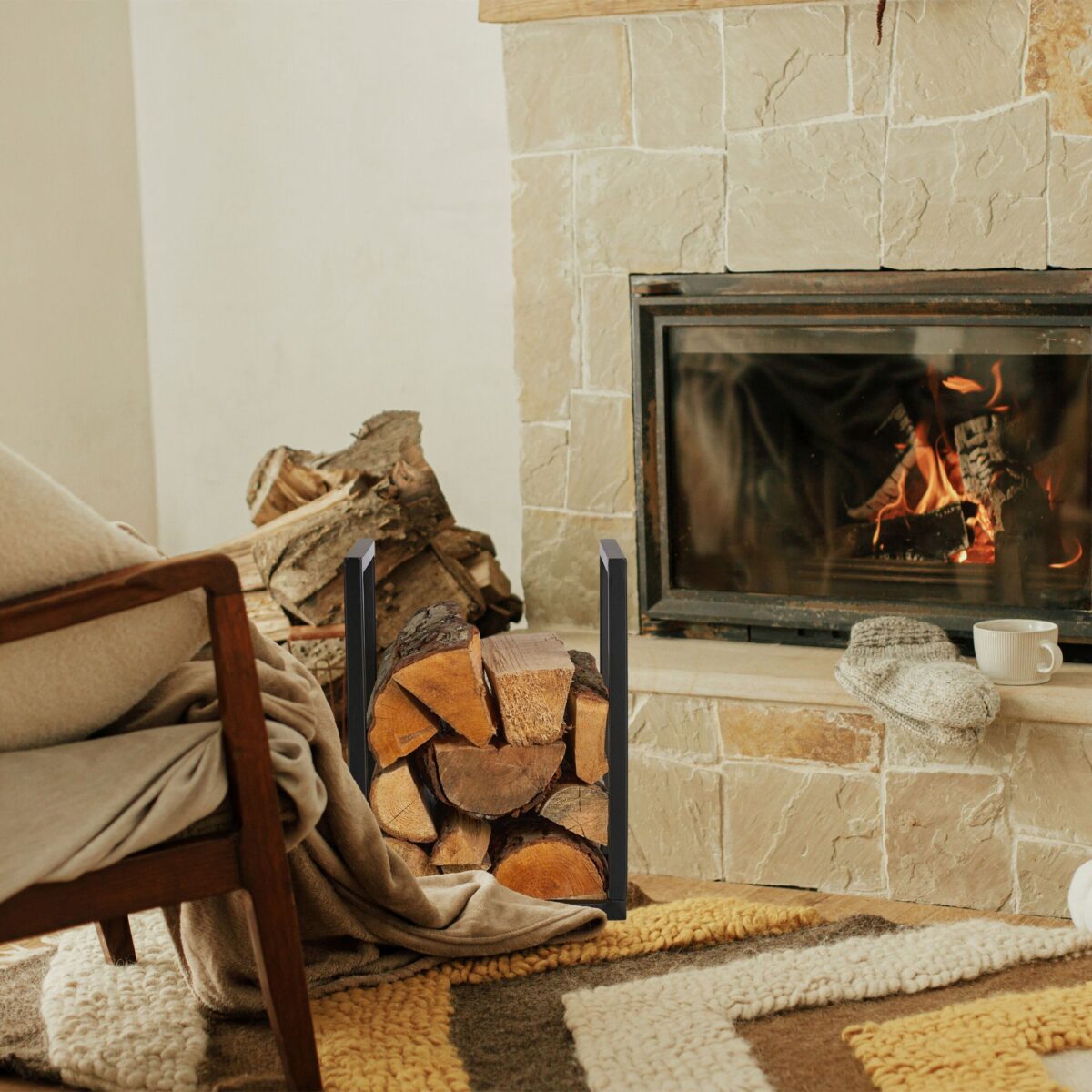 Suport lemne pentru semineu, decorativ si functional, negru, otel, 40 x 30 x 30 cm, Relaxdays - imagine 2