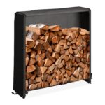Raft lemne exterior cu husa, otel, negru, 110 x 110 x 29 cm, Relaxdays