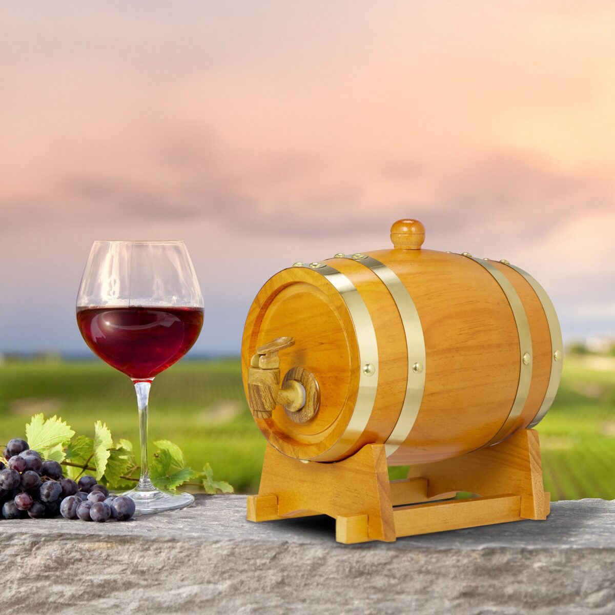 Butoi din lemn pentru vin si whisky – 1,25 litri, folie de aluminiu interioara, maro deschis, Relaxdays - imagine 3