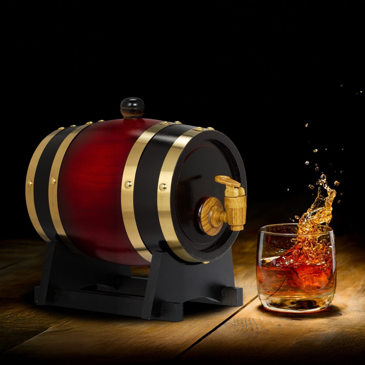 Butoi din lemn pentru vin si whisky – 1,25 litri, folie de aluminiu interioara, negru/rosu, Relaxdays - imagine 2