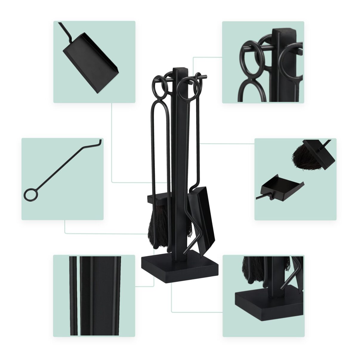 Set de 5 ustensile pentru semineu, lopata pentru cenusa, matura, carlig si cleste, negru, Relaxdays - imagine 2