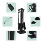 Set de 5 ustensile pentru semineu, lopata pentru cenusa, matura, carlig si cleste, negru, Relaxdays - imagine 2