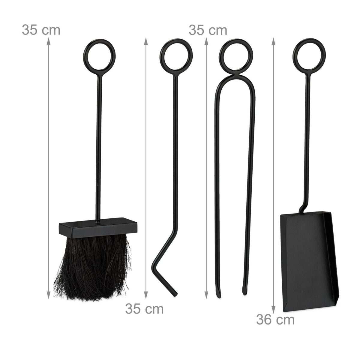 Set de 5 ustensile pentru semineu, lopata pentru cenusa, matura, carlig si cleste, negru, Relaxdays - imagine 5