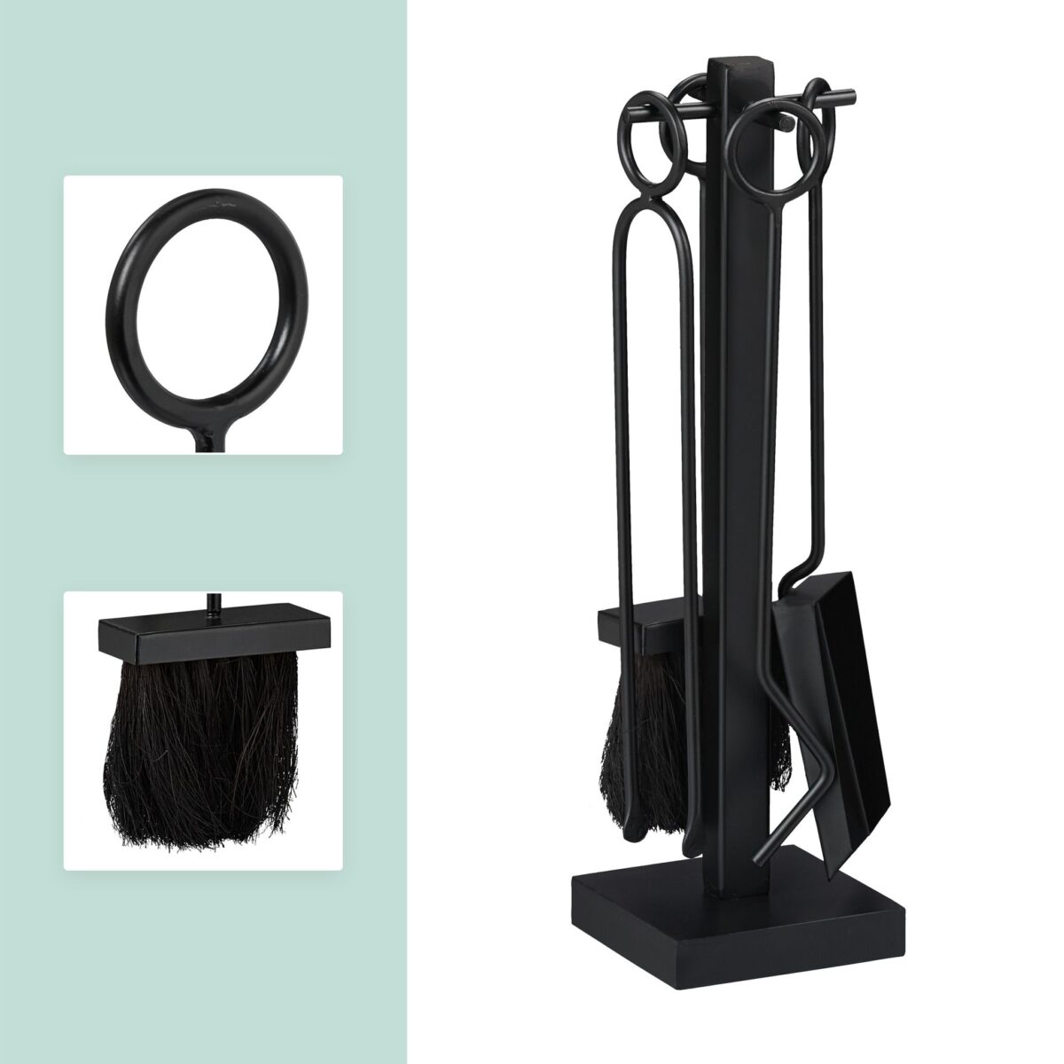 Set de 5 ustensile pentru semineu, lopata pentru cenusa, matura, carlig si cleste, negru, Relaxdays - imagine 7