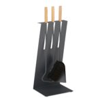 Set ustensile semineu 4 piese cu suport, manere din lemn, design modern antracit, otel rezistent, Relaxdays