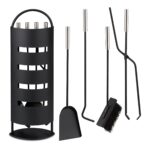 Set de 5 ustensile pentru semineu, suport decorativ negru, manere argintii, otel, Relaxdays