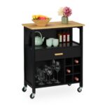 Carucior de bucatarie cu suport pentru sticle de vin si sertar, blat bambus, negru, Relaxdays