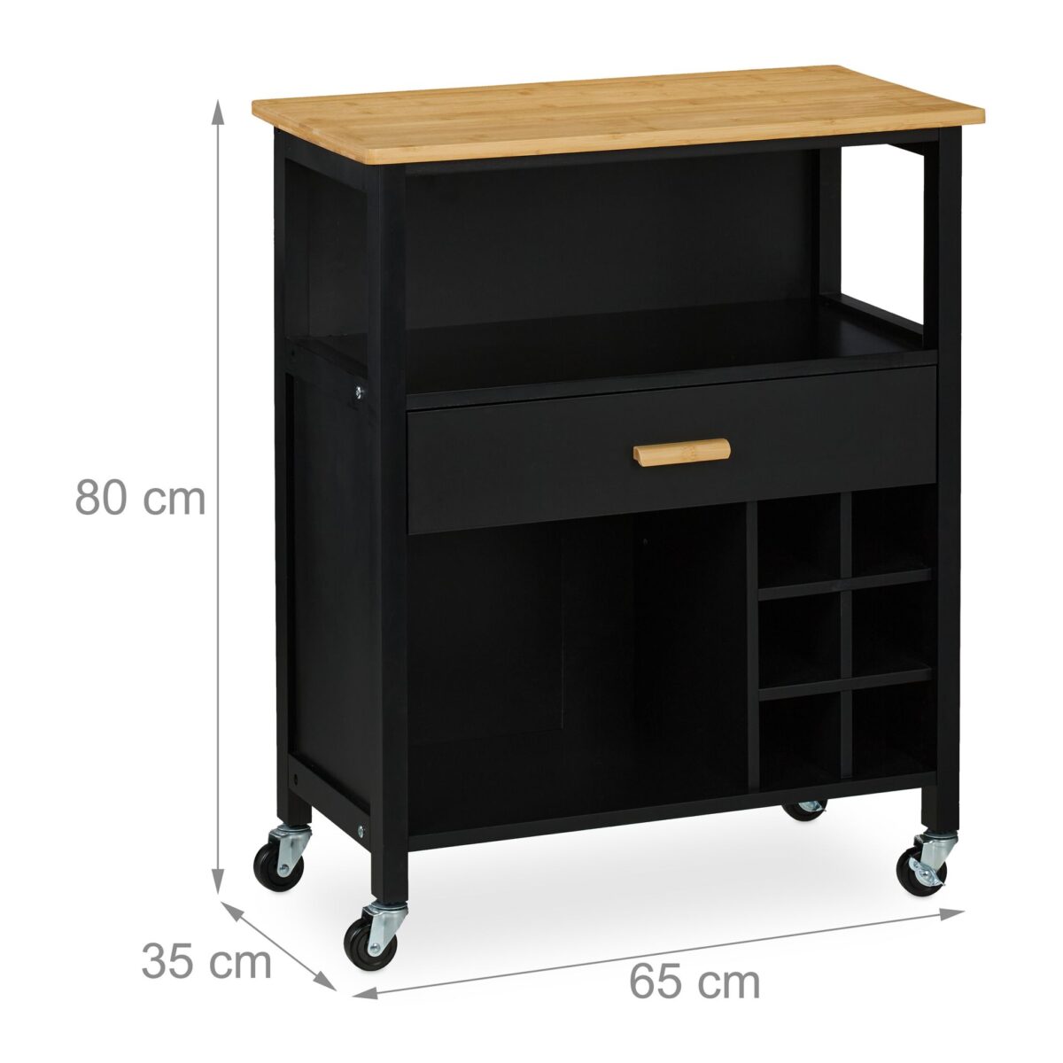 Carucior de bucatarie cu suport pentru sticle de vin si sertar, blat bambus, negru, Relaxdays - imagine 3