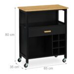 Carucior de bucatarie cu suport pentru sticle de vin si sertar, blat bambus, negru, Relaxdays - imagine 3