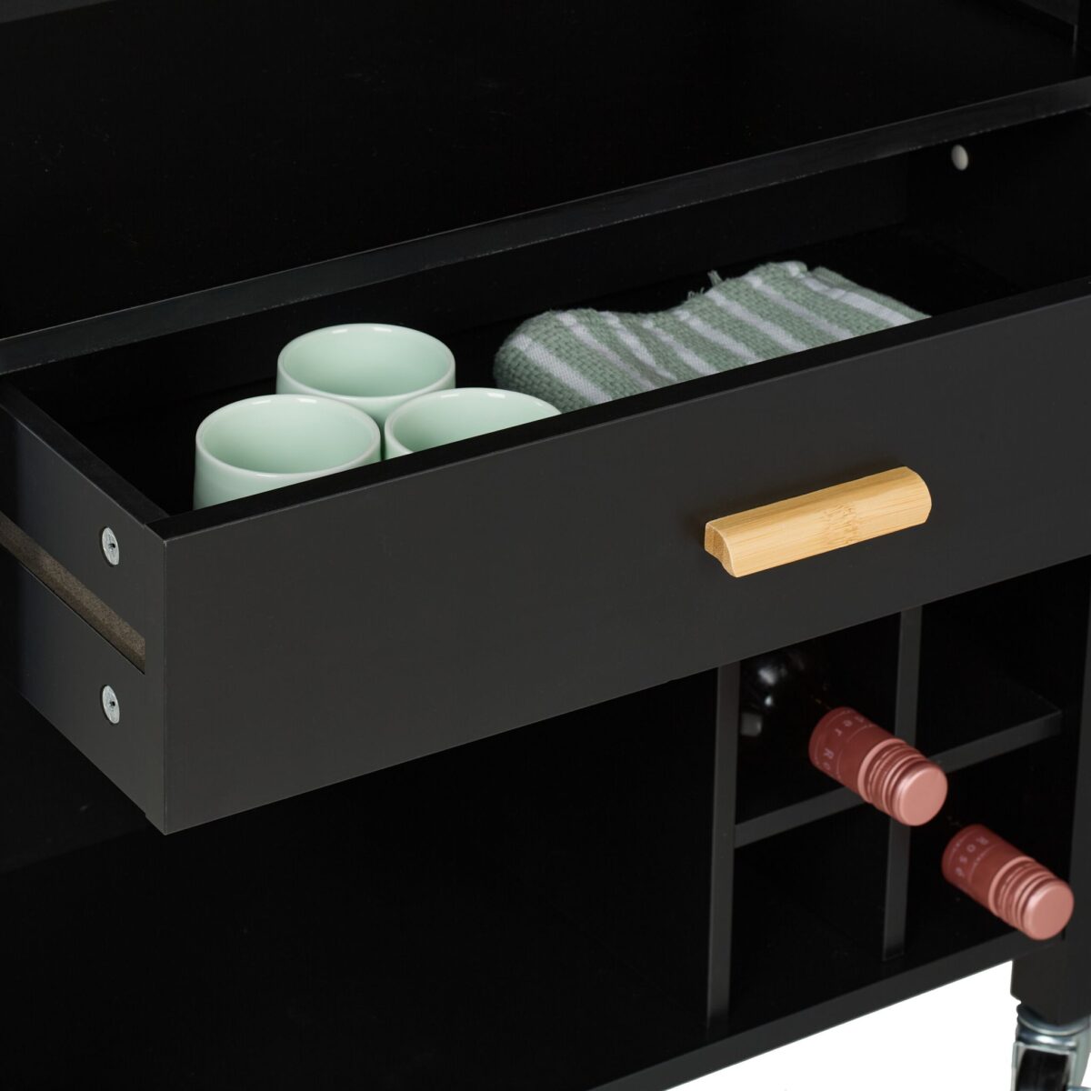Carucior de bucatarie cu suport pentru sticle de vin si sertar, blat bambus, negru, Relaxdays - imagine 5