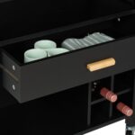 Carucior de bucatarie cu suport pentru sticle de vin si sertar, blat bambus, negru, Relaxdays - imagine 5