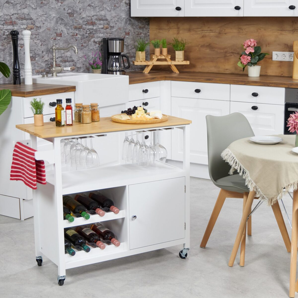 Mobilier cu suport pentru sticle de vin si pahare, dulapior, blat din bambus, alb, Relaxdays - imagine 2