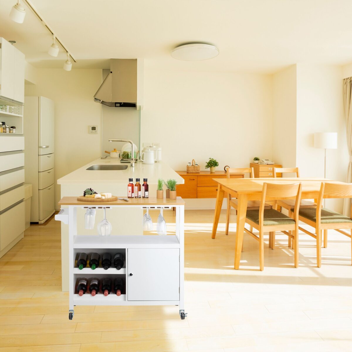 Mobilier cu suport pentru sticle de vin si pahare, dulapior, blat din bambus, alb, Relaxdays - imagine 3