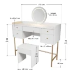 Masa de machiaj Samira cu scaun – cu oglinda Touch-LED si 5 sertare, alb, picioare aurii, MDF, ArtLife - imagine 3