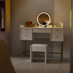 Masa de machiaj Samira cu scaun – cu oglinda Touch-LED si 5 sertare, alb, picioare aurii, MDF, ArtLife - imagine 2