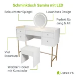 Masa de machiaj Samira cu scaun – cu oglinda Touch-LED si 5 sertare, alb, picioare aurii, MDF, ArtLife - imagine 9
