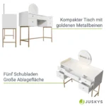 Masa de machiaj Samira cu scaun – cu oglinda Touch-LED si 5 sertare, alb, picioare aurii, MDF, ArtLife - imagine 8
