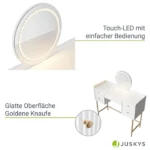 Masa de machiaj Samira – cu oglinda Touch-LED si 5 sertare, alb, picioare aurii, MDF, ArtLife - imagine 8