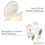 Masa de machiaj Samira cu scaun – cu oglinda Touch-LED si 5 sertare, alb, picioare aurii, MDF, ArtLife - imagine 7