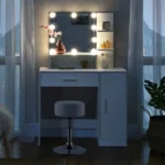 Masuta de machiaj "Diana" cu taburet - becuri LED, sertar, dulapior, rafturi, alba, PAL, ArtLife - imagine 3