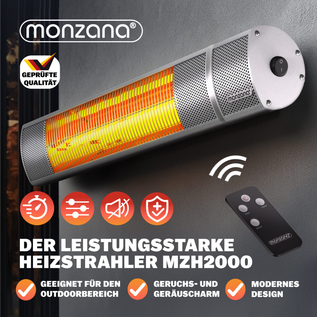 Incalzitor terasa exterior MONZANA 2000W – infrarosu, Low-Glare, IP55, 3 trepte, telecomanda, Argintiu - imagine 9