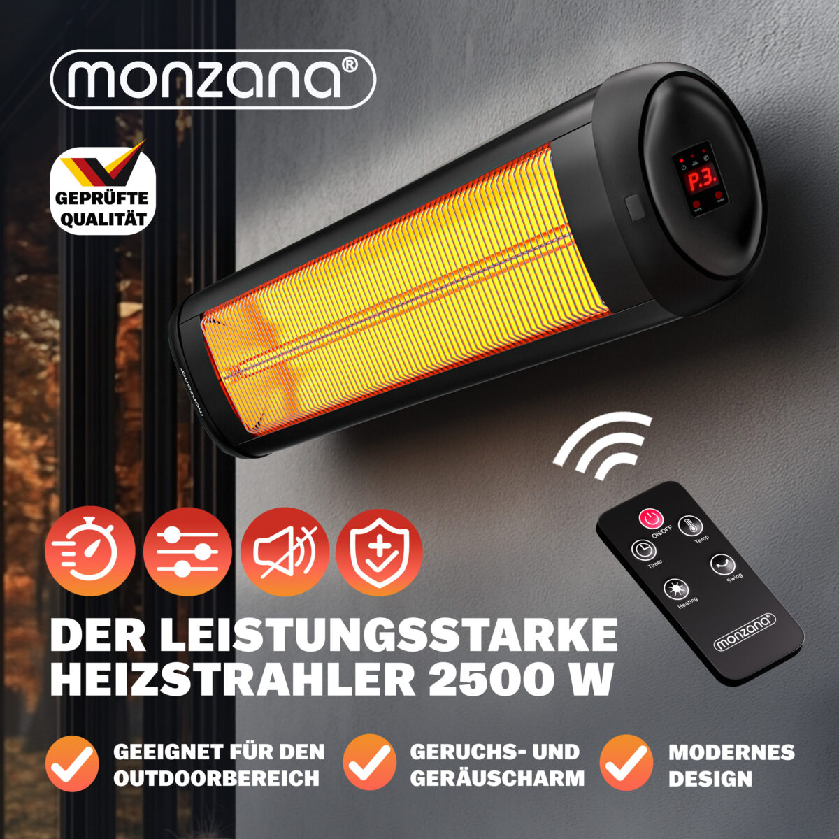 Incalzitor infrarosu exterior electric 2500W MONZANA, telecomanda, 3 trepte, unghi reglabil, IP34, Negru - imagine 5