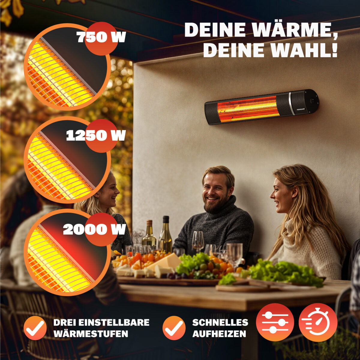 Incalzitor terasa exterior MONZANA 2000W – infrarosu, Low-Glare, IP55, 3 trepte, telecomanda - imagine 8