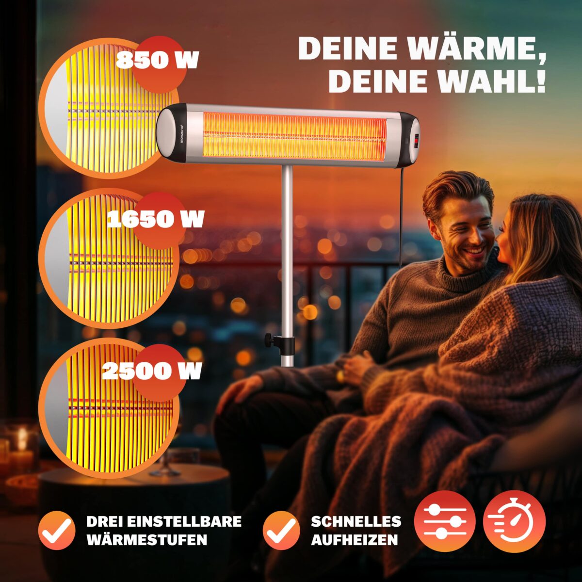 Radiator infrarosu exterior MONZANA 2500W – incalzitor electric cu picior reglabil si telecomanda, Argintiu - imagine 8