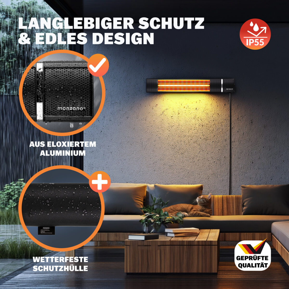 Incalzitor terasa exterior MONZANA 2000W – infrarosu, Low-Glare, IP55, 3 trepte, telecomanda - imagine 5