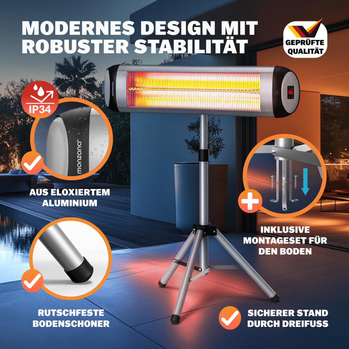 Radiator infrarosu exterior MONZANA 2500W – incalzitor electric cu picior reglabil si telecomanda, Argintiu - imagine 5
