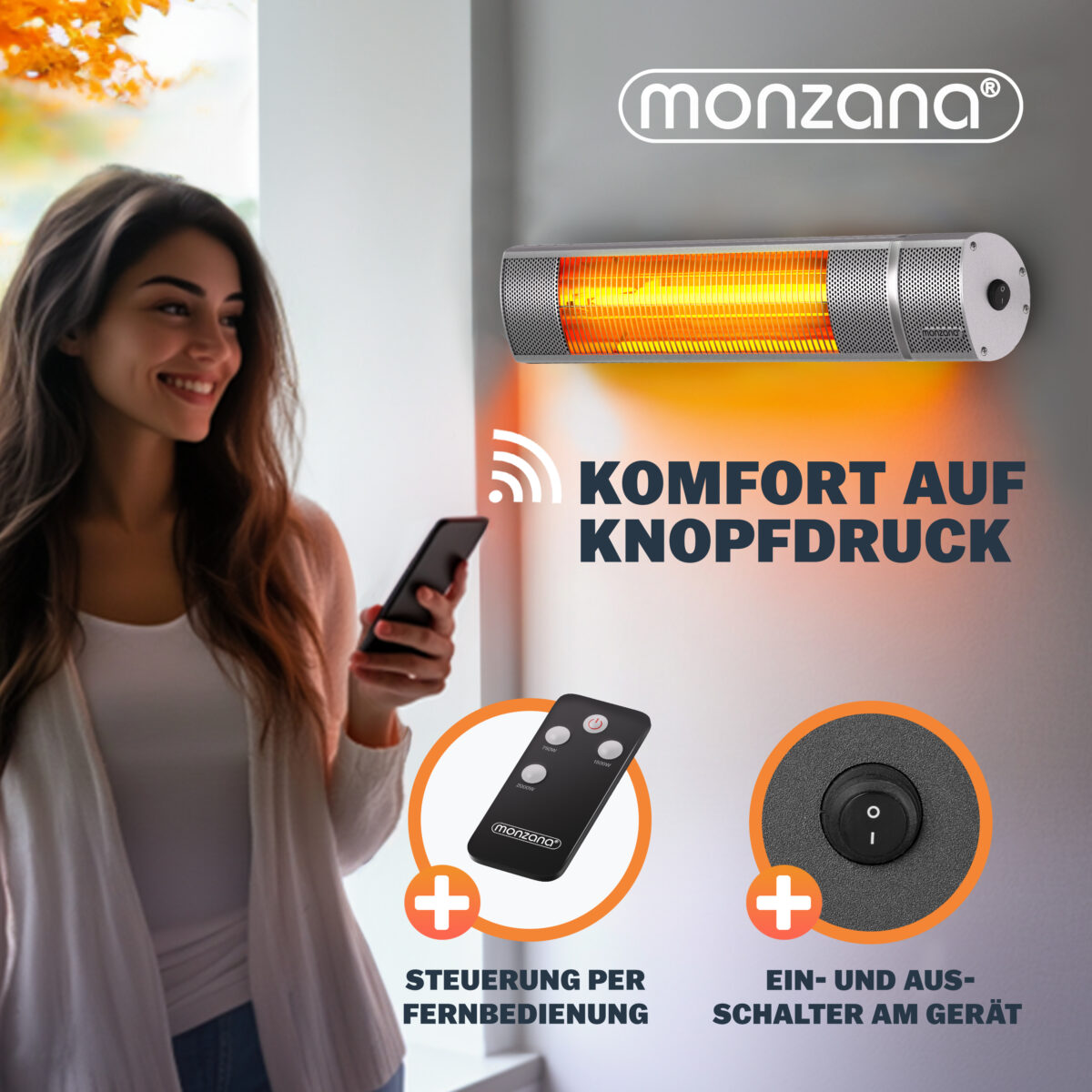 Incalzitor terasa exterior MONZANA 2000W – infrarosu, Low-Glare, IP55, 3 trepte, telecomanda, Argintiu - imagine 4