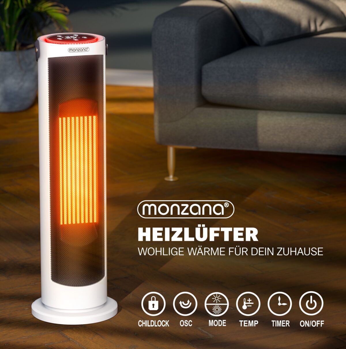 Incalzitor Ceramic 2000W Alb cu Telecomanda, Oscilatie 70°, Timer si 4 Moduri, Ventilator, Display, Monzana® - imagine 3