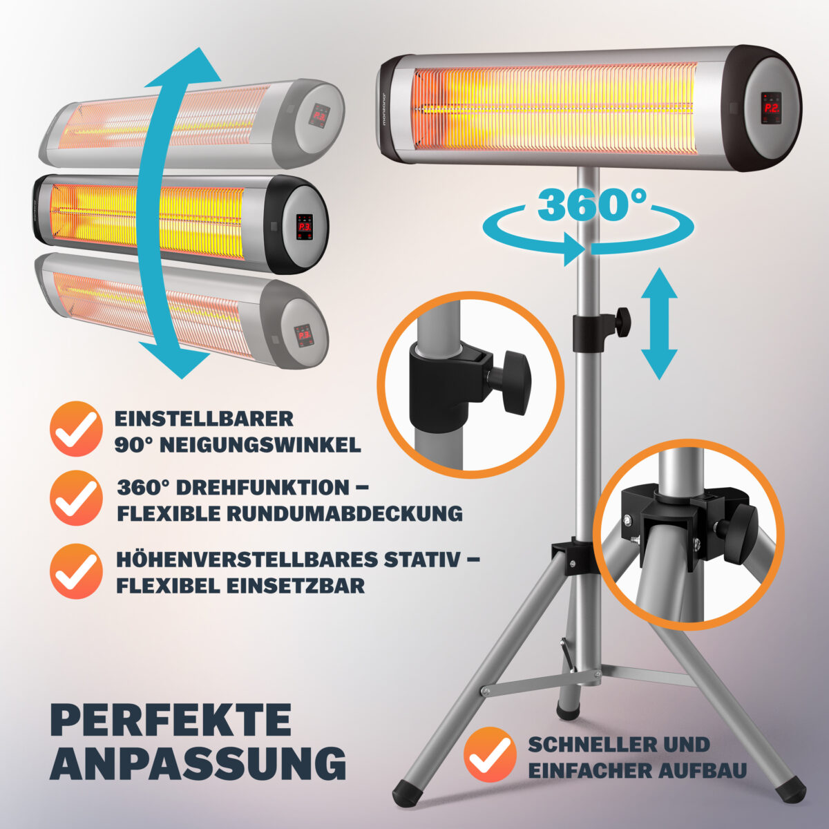 Radiator infrarosu exterior MONZANA 2500W – incalzitor electric cu picior reglabil si telecomanda, Argintiu - imagine 3