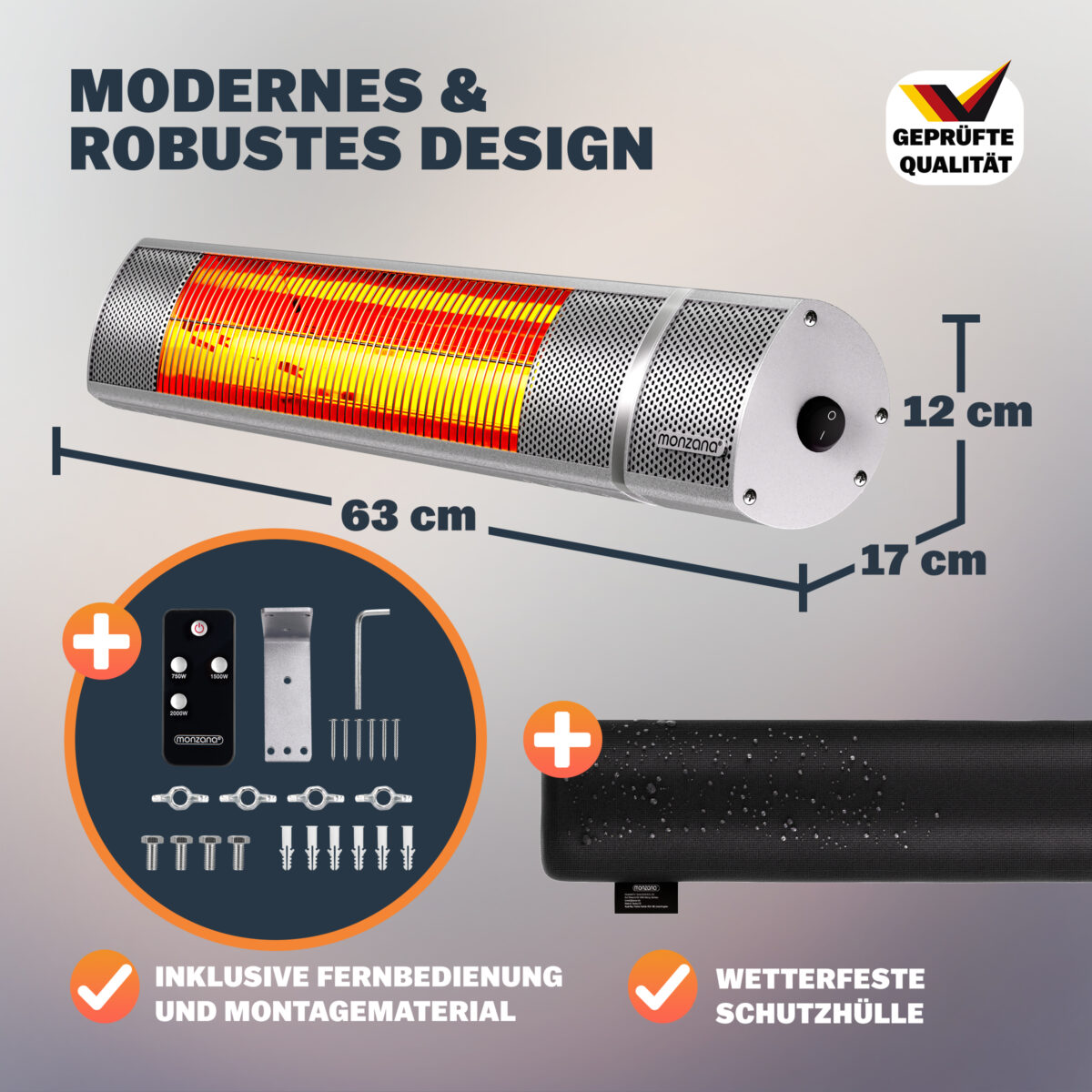 Incalzitor terasa exterior MONZANA 2000W – infrarosu, Low-Glare, IP55, 3 trepte, telecomanda, Argintiu - imagine 2