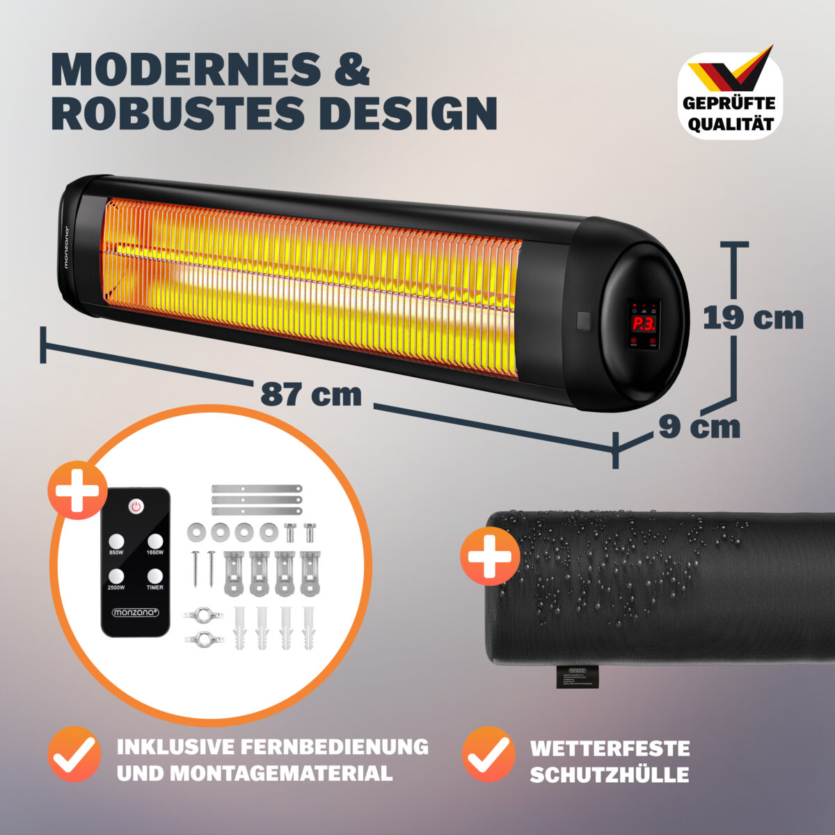 Incalzitor infrarosu exterior electric 2500W MONZANA, telecomanda, 3 trepte, unghi reglabil, IP34, Negru - imagine 3