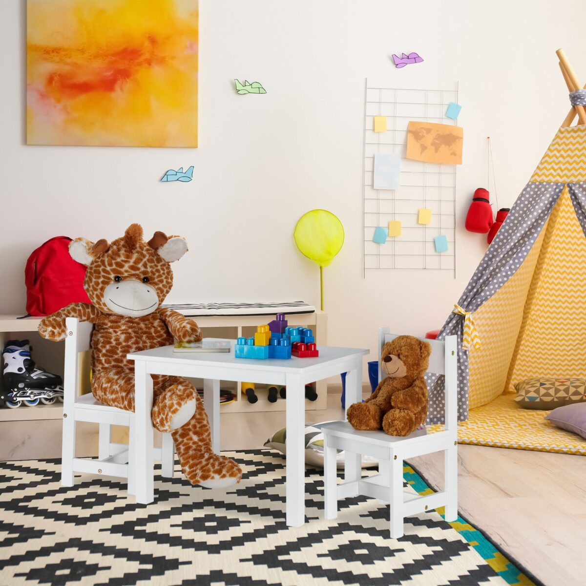 Masa si 2 Scaune Copii – Mobilier Alb Copii Modern din MDF, 3 Piese pentru Camera Copilului - imagine 2
