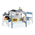 Masa cu 2 Scaune pentru Copii, Tabla Detasabila – Mobilier Colorat, Albastru, Rafturi jucarii