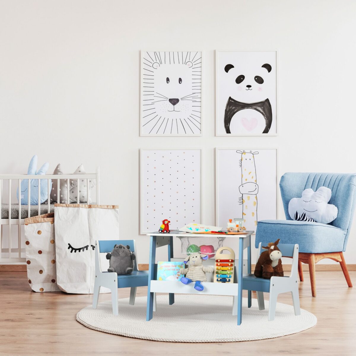 Masa cu 2 Scaune pentru Copii, Tabla Detasabila – Mobilier Colorat, Albastru, Rafturi jucarii - imagine 2