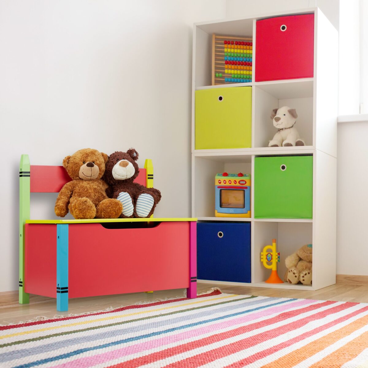 Bancuta pentru copii cu lada pentru jucarii, Design colorat, 54,5 × 60 × 35 cm - imagine 5