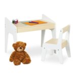 Set Masa si Scaun pentru Copii – Mobilier pentru Camera Copilului, 2 Piese din MDF, Alb si Bej
