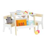 Set Masa si 2 Scaune Copii cu Tabla de Colorat si Rafturi – Mobilier 3 Piese Alb-Bej