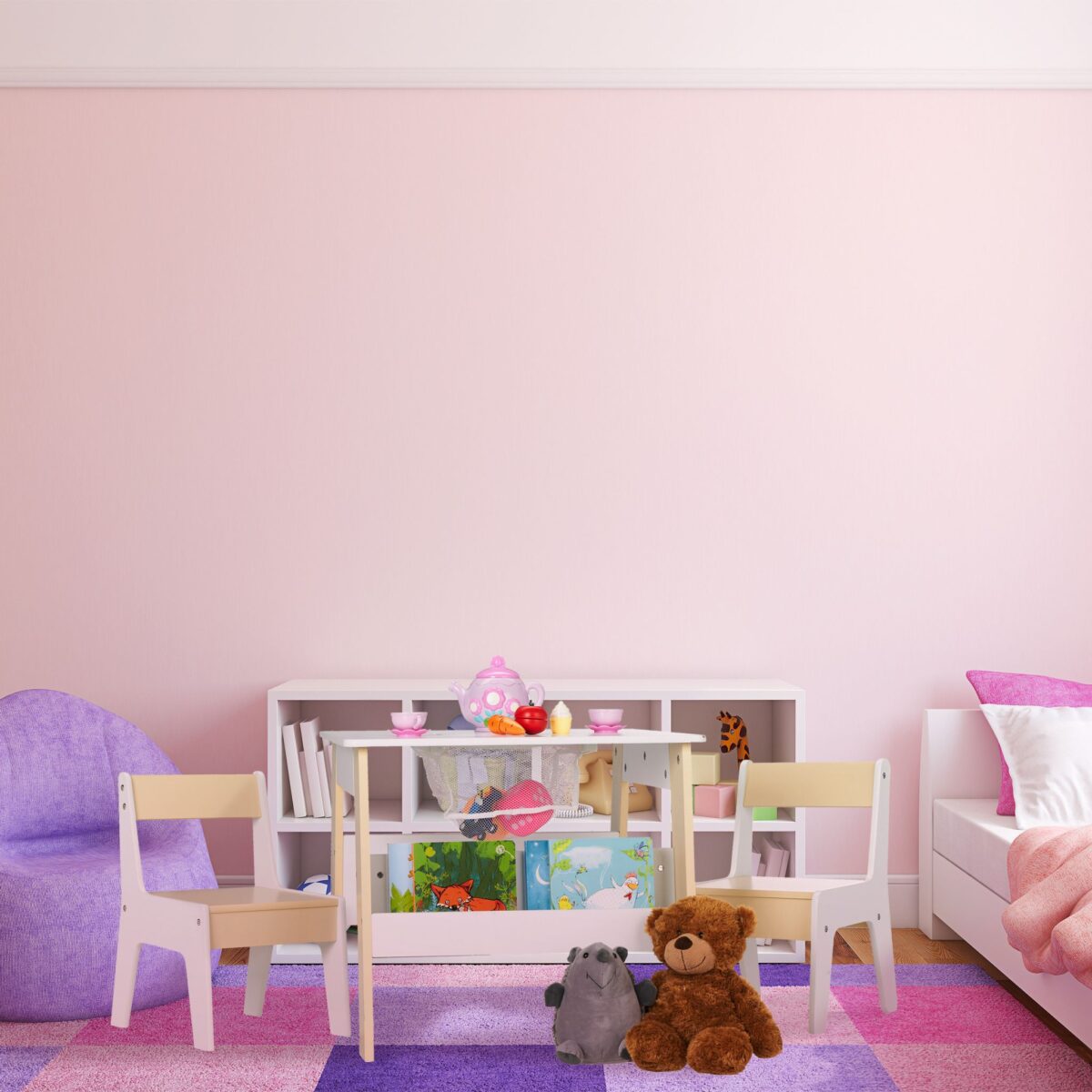 Set Masa si 2 Scaune Copii cu Tabla de Colorat si Rafturi – Mobilier 3 Piese Alb-Bej - imagine 9