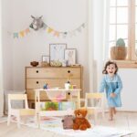 Set Masa si 2 Scaune Copii cu Tabla de Colorat si Rafturi – Mobilier 3 Piese Alb-Bej - imagine 8
